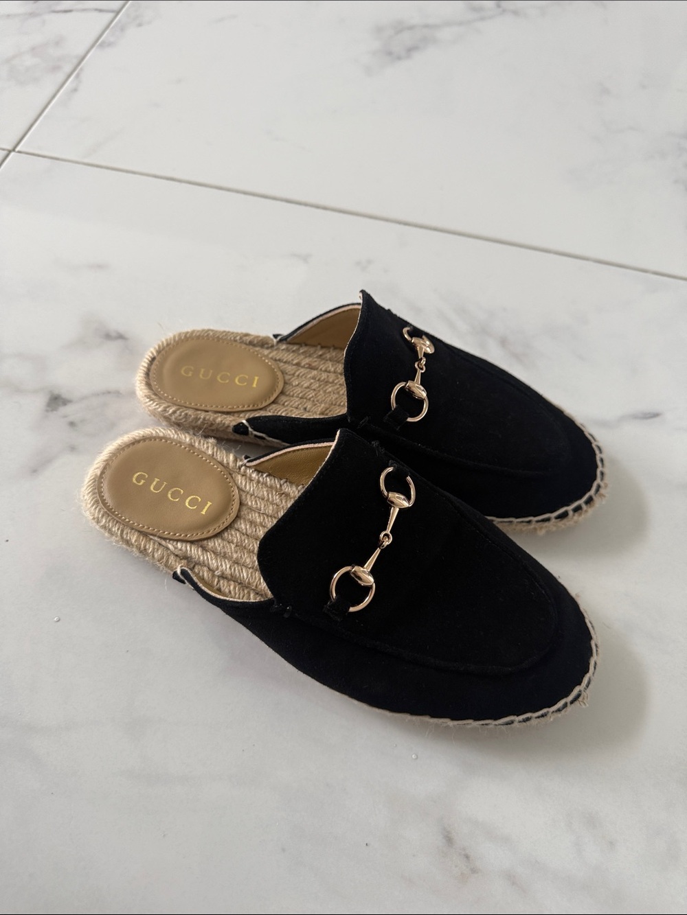 Gucci Black Suede Horsebit Espadrille Mule Slides